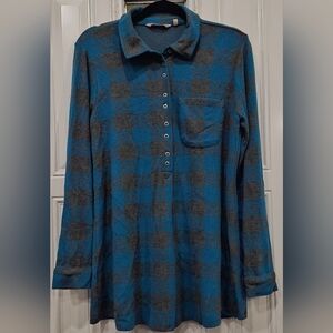 Soft Surroundings teal grey plaid flannel pullover blouse women's size M…